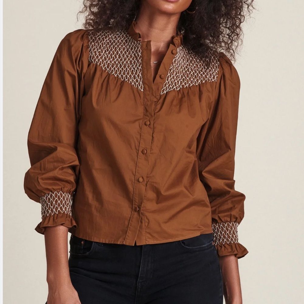 The Shirt by Rochelle Behrens Brown Button-Front Smocked Yoke Blouse